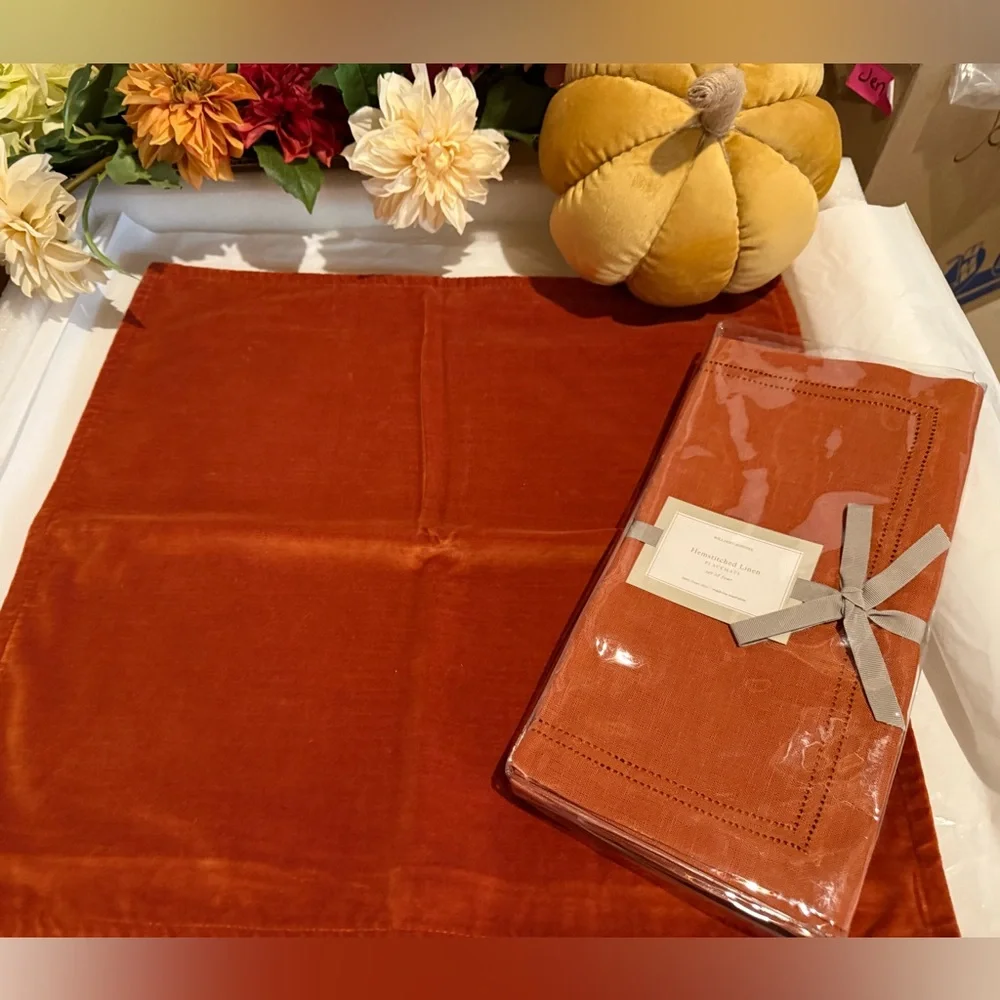 New Williams Sonoma Double Hemstitched 100% Linen Placemats, S/4, Rust Orange